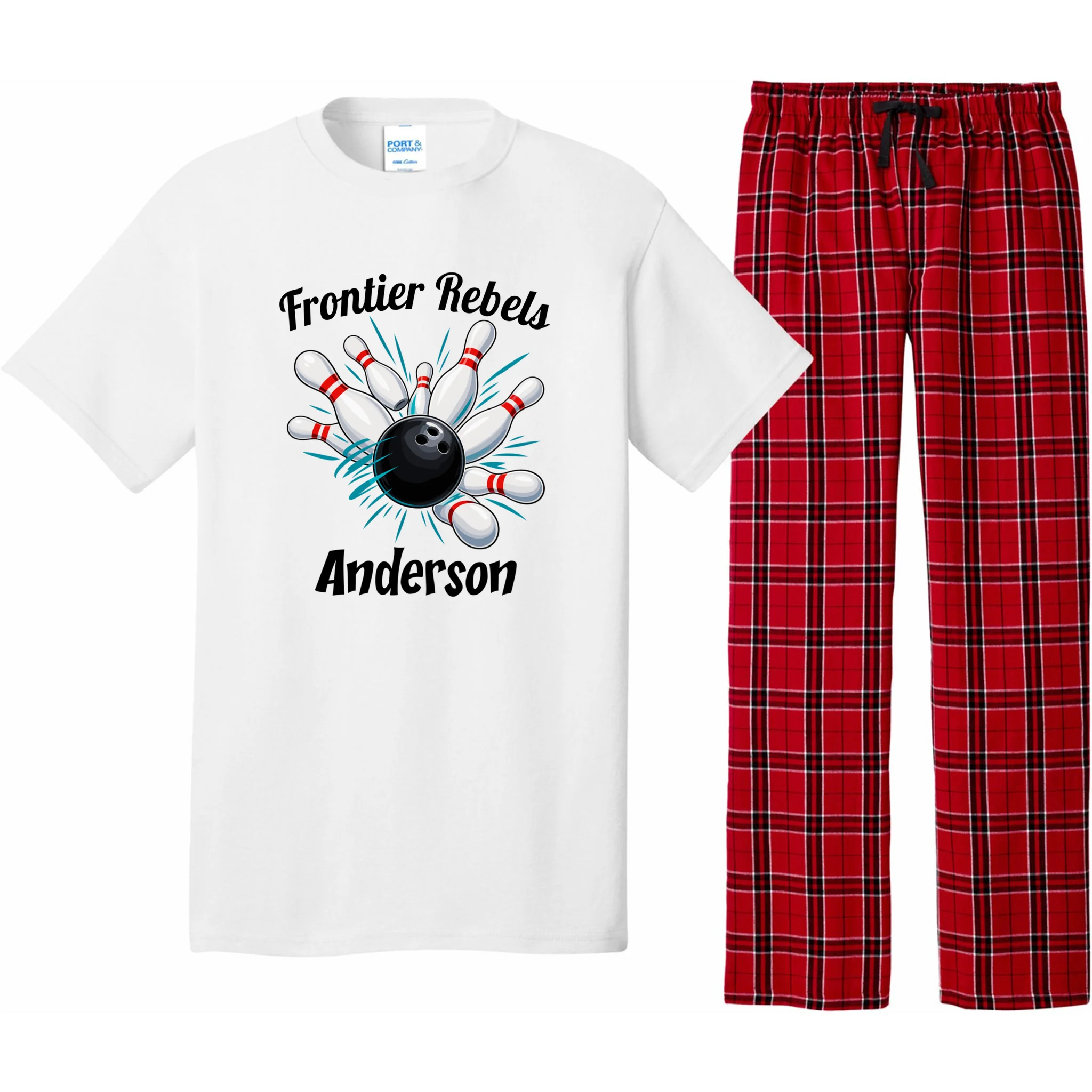 Flying Pins Strike Action - Custom Bowling Team & Player Name Men's Pajamas - Front