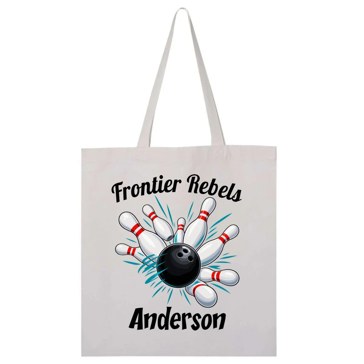 Flying Pins Strike Action - Custom Bowling Team & Player Name Tote Bag - Front