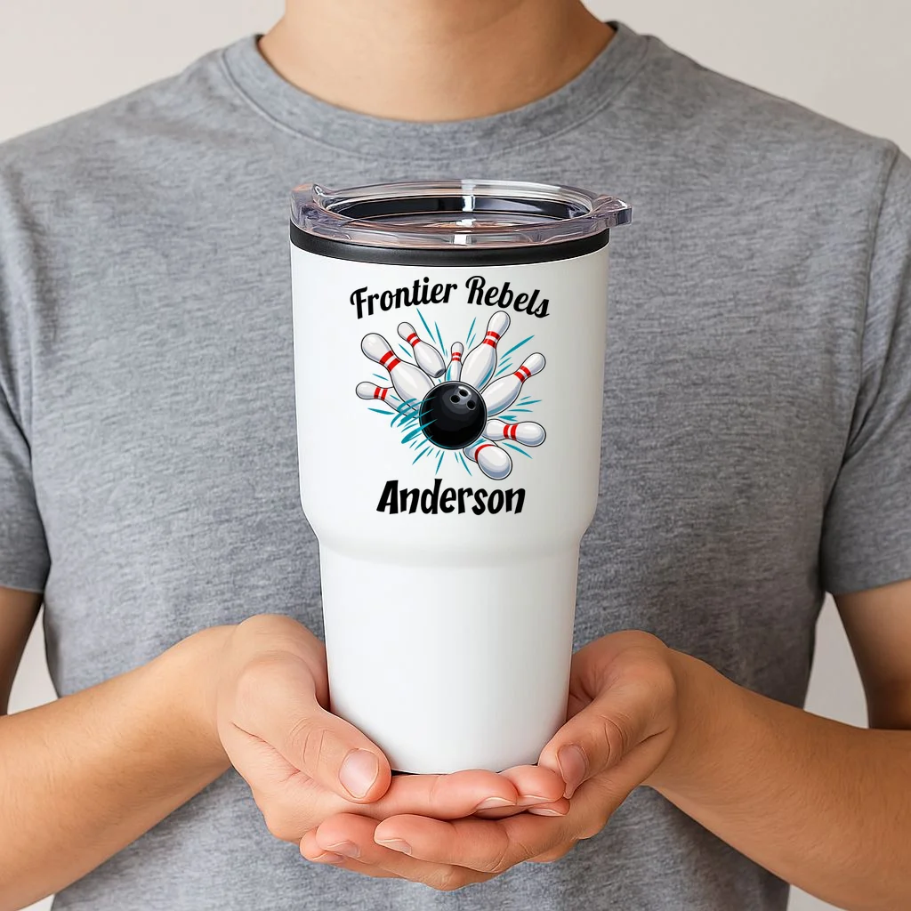 Flying Pins Strike Action - Custom Bowling Team & Player Name 20oz Tumbler - Front 1