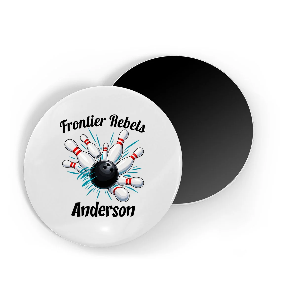 Flying Pins Strike Action - Custom Bowling Team & Player Name Magnet - Front