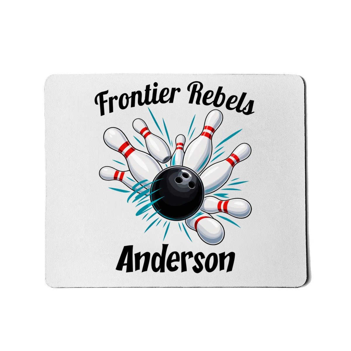 Flying Pins Strike Action - Custom Bowling Team & Player Name Mouse Pad - Front