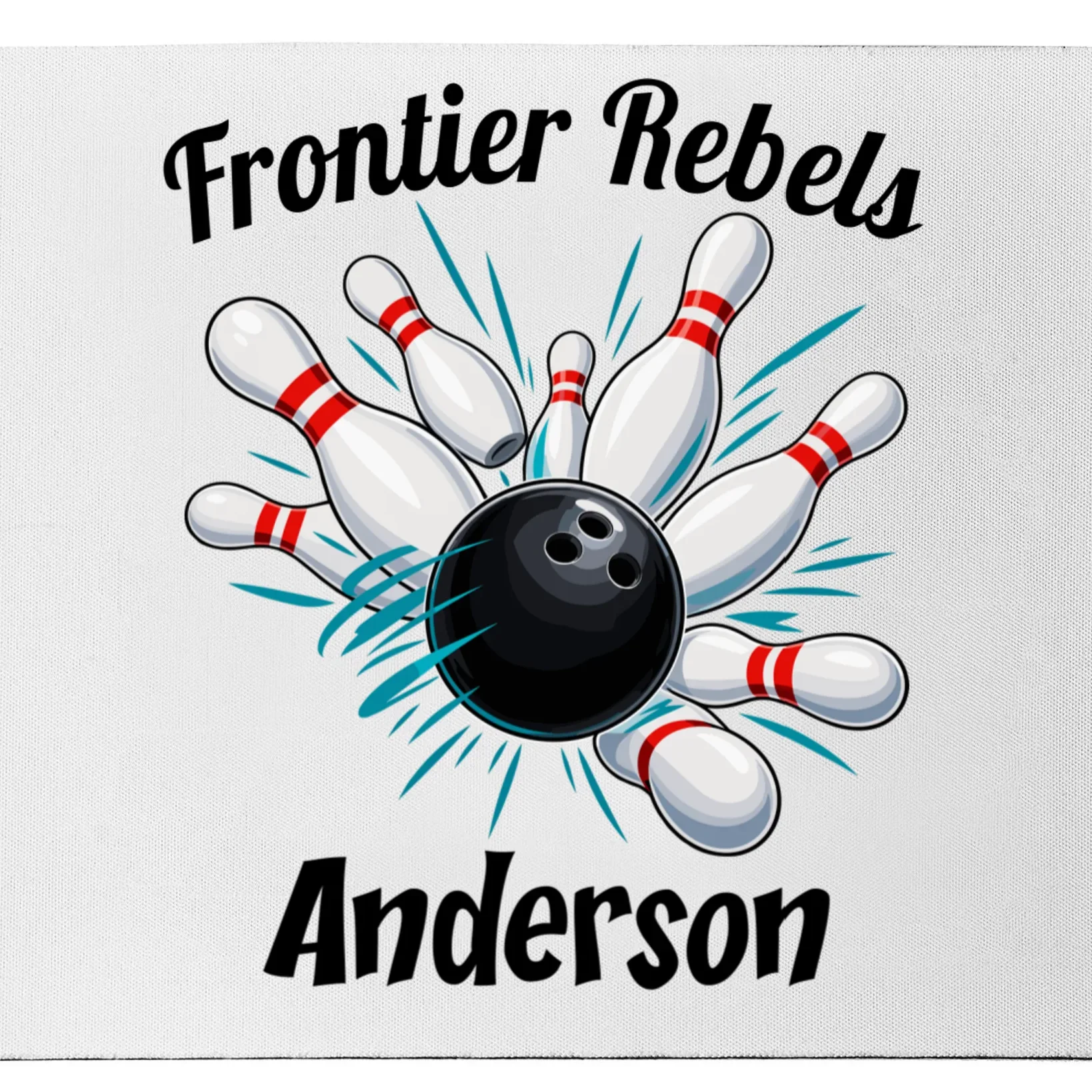 Flying Pins Strike Action - Custom Bowling Team & Player Name Mouse Pad - Front - Close-up