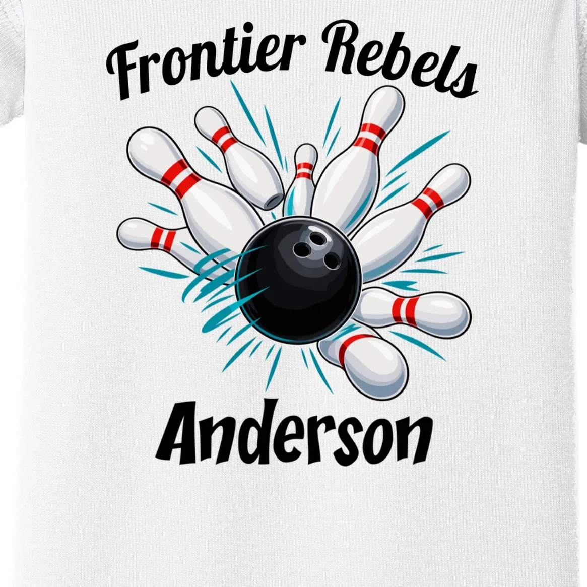 Flying Pins Strike Action - Custom Bowling Team & Player Name Baby Bodysuit - Front - Close-up