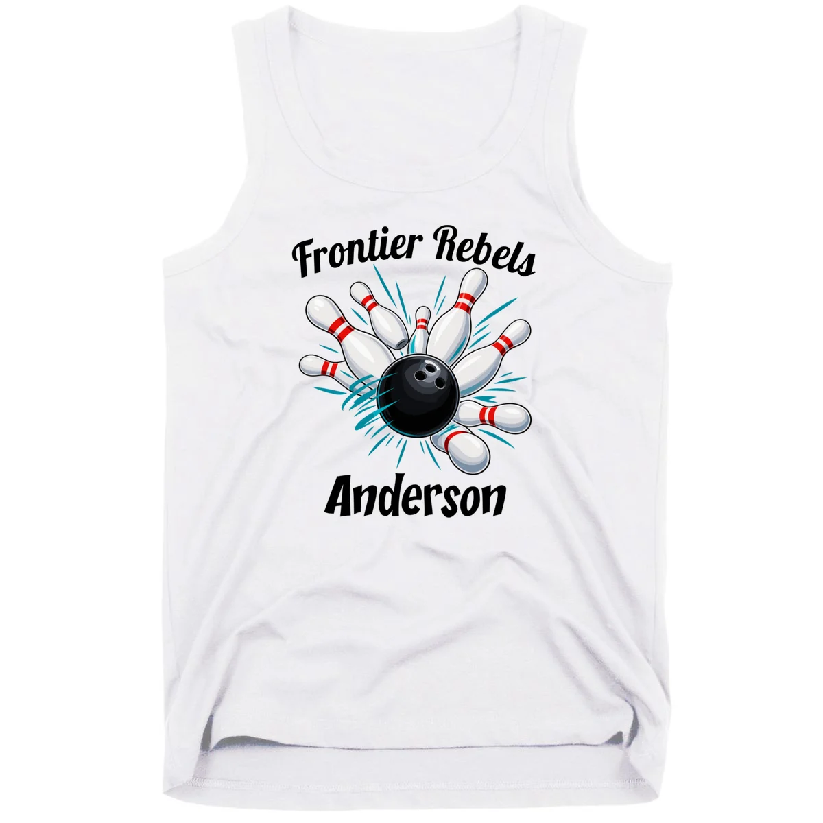 Flying Pins Strike Action - Custom Bowling Team & Player Name Men's Tank Top - Front