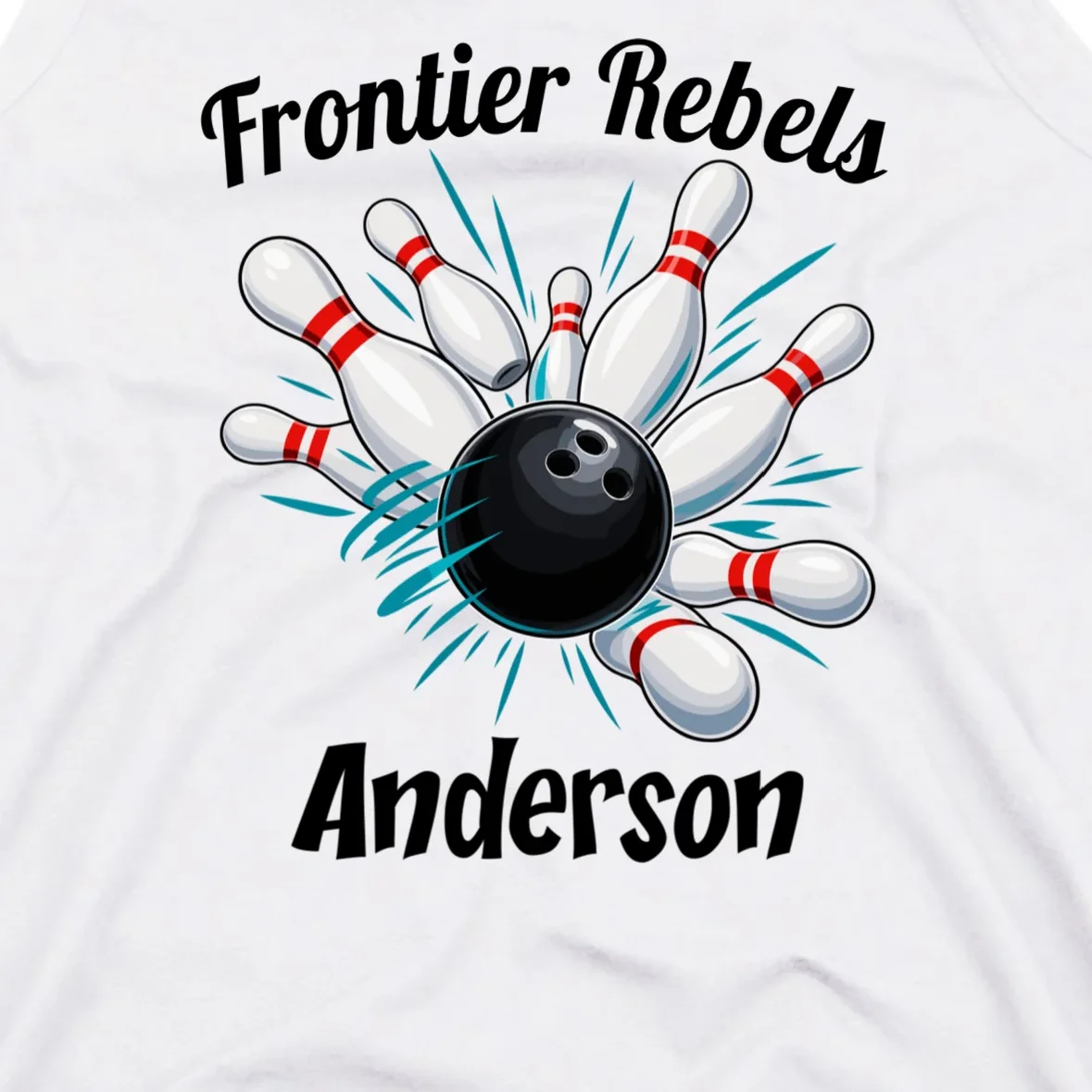 Flying Pins Strike Action - Custom Bowling Team & Player Name Men's Tank Top - Front - Close-up