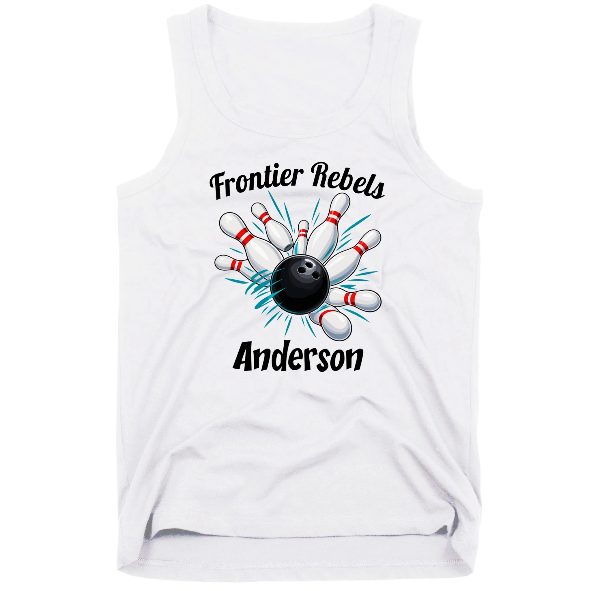 Flying Pins Strike Action - Custom Bowling Team & Player Name Men's Tank Top - Front