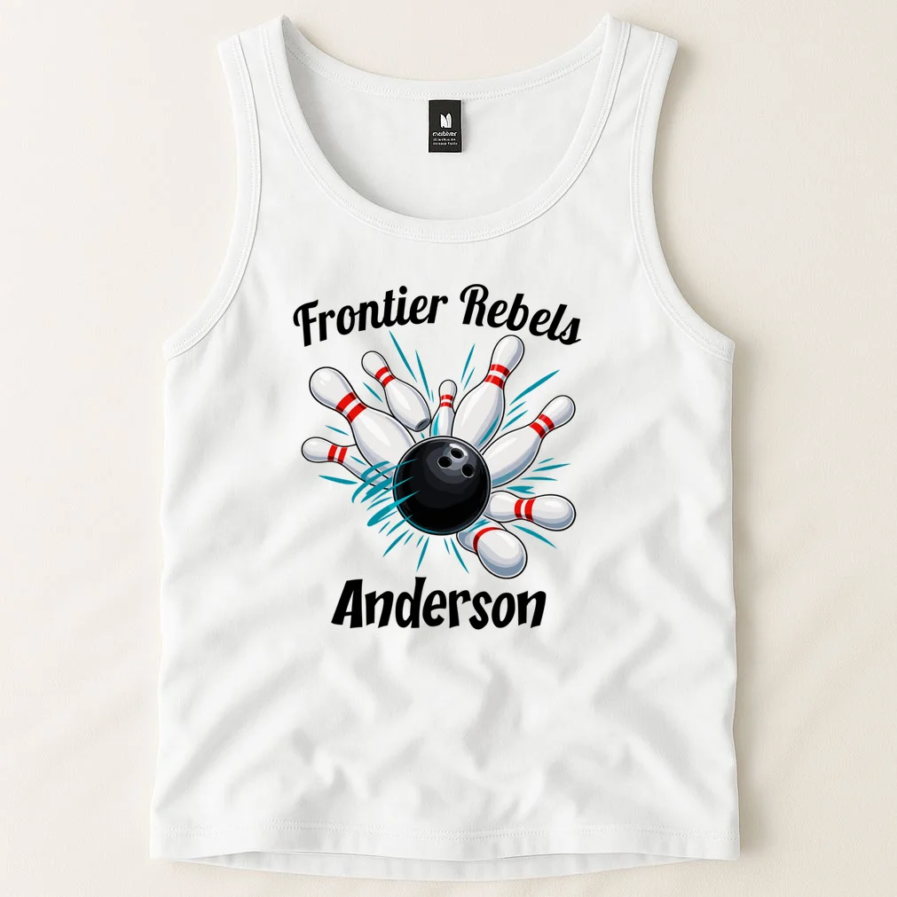 Flying Pins Strike Action - Custom Bowling Team & Player Name Men's Tank Top - Front 1