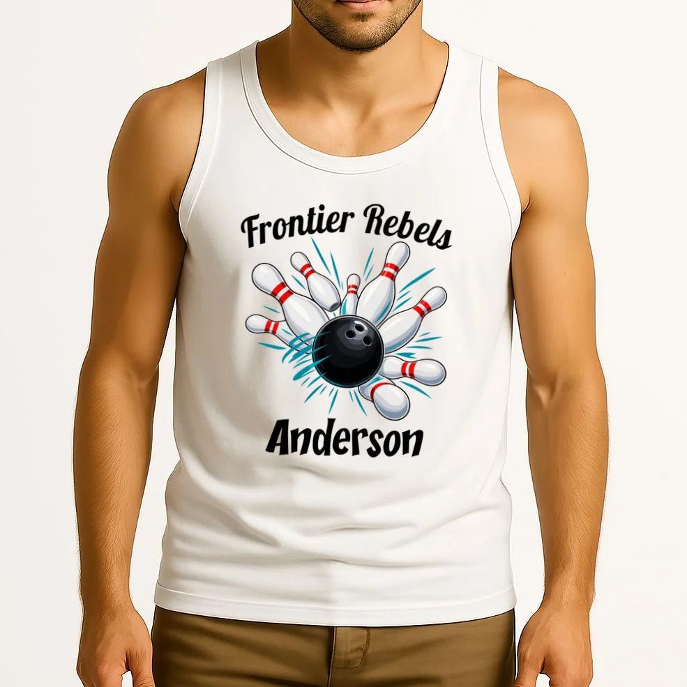 Flying Pins Strike Action - Custom Bowling Team & Player Name Men's Tank Top - Front 2