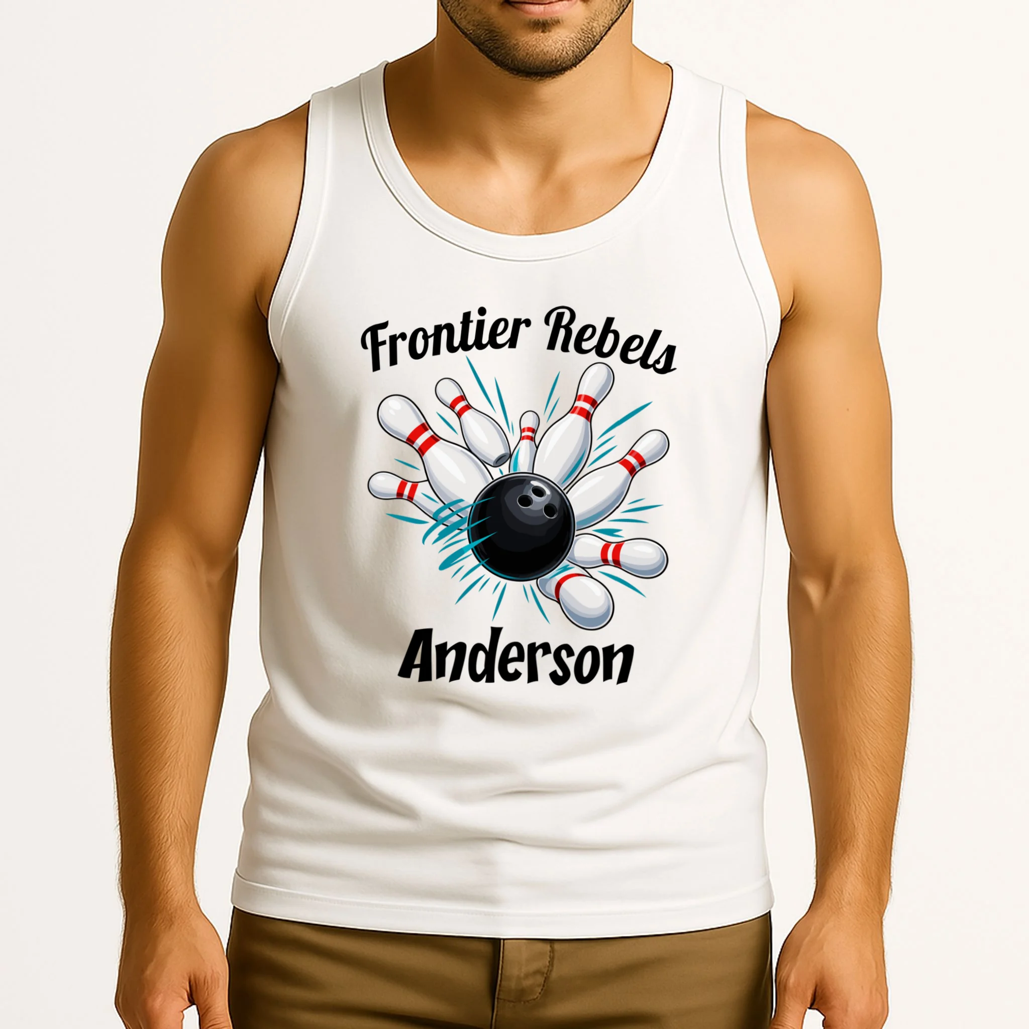 Flying Pins Strike Action - Custom Bowling Team & Player Name Men's Tank Top - Front 2