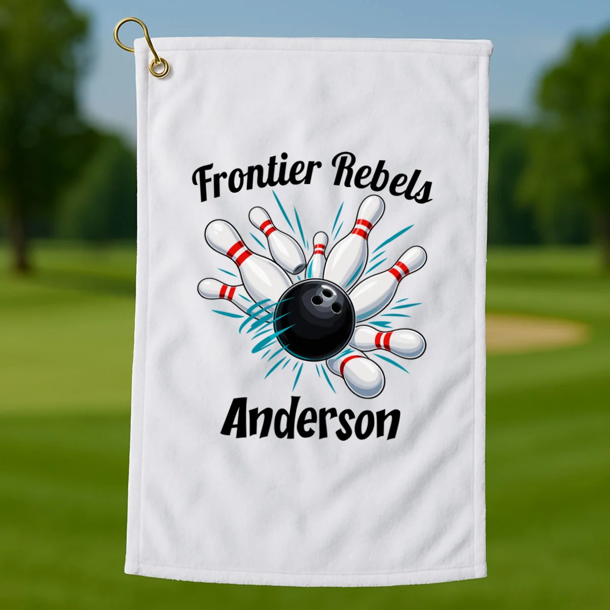 Flying Pins Strike Action - Custom Bowling Team & Player Name Golf Towel - Front 1