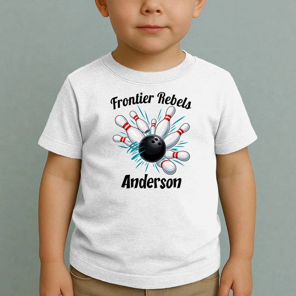 Flying Pins Strike Action - Custom Bowling Team & Player Name Toddler T-Shirt - Front 1