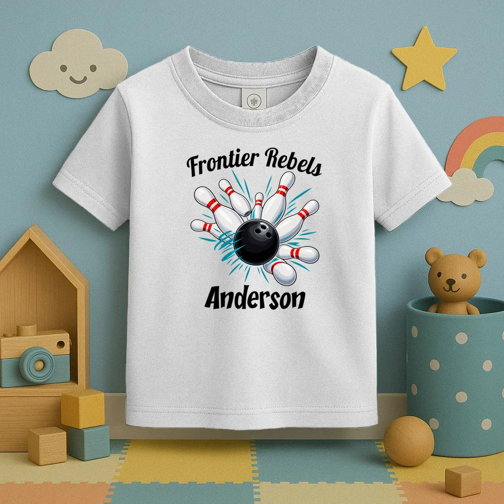 Flying Pins Strike Action - Custom Bowling Team & Player Name Toddler T-Shirt - Front 2