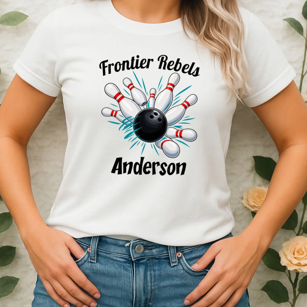 Flying Pins Strike Action - Custom Bowling Team & Player Name Women's T-Shirt - Front 1