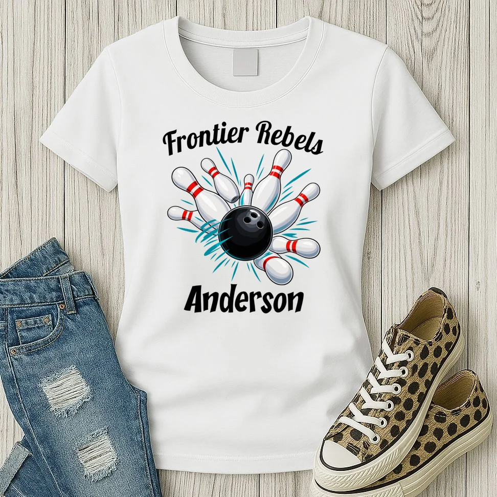 Flying Pins Strike Action - Custom Bowling Team & Player Name Women's T-Shirt - Front 2