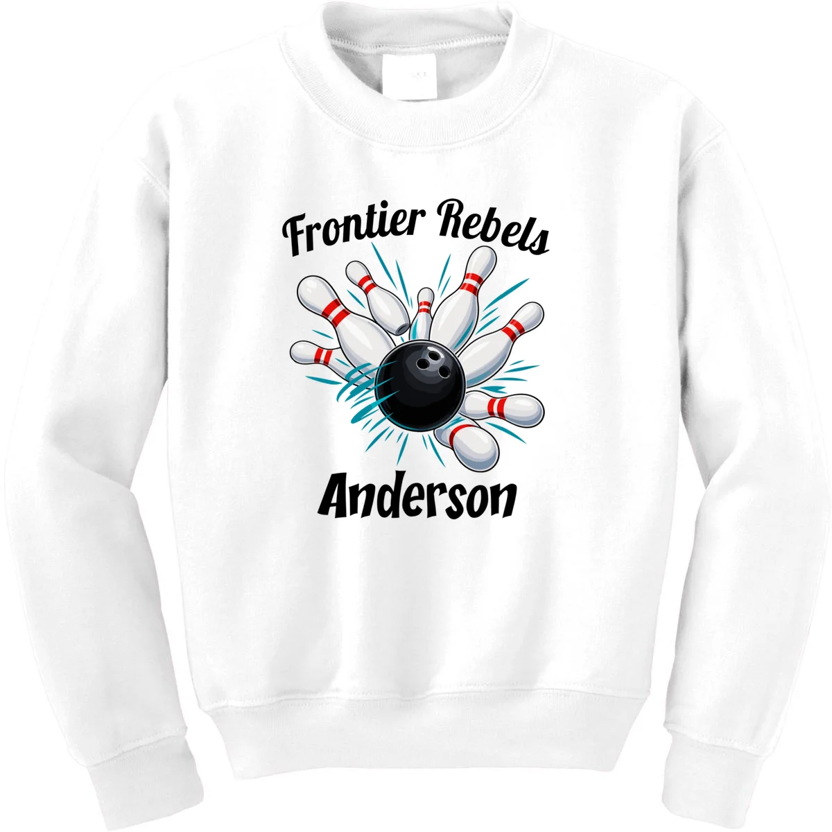 Flying Pins Strike Action - Custom Bowling Team & Player Name Kids Sweatshirt - Front