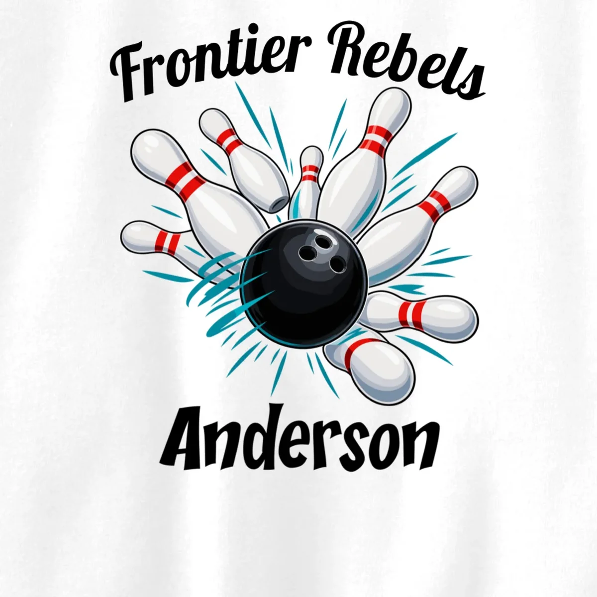Flying Pins Strike Action - Custom Bowling Team & Player Name Kids Sweatshirt - Front - Close-up