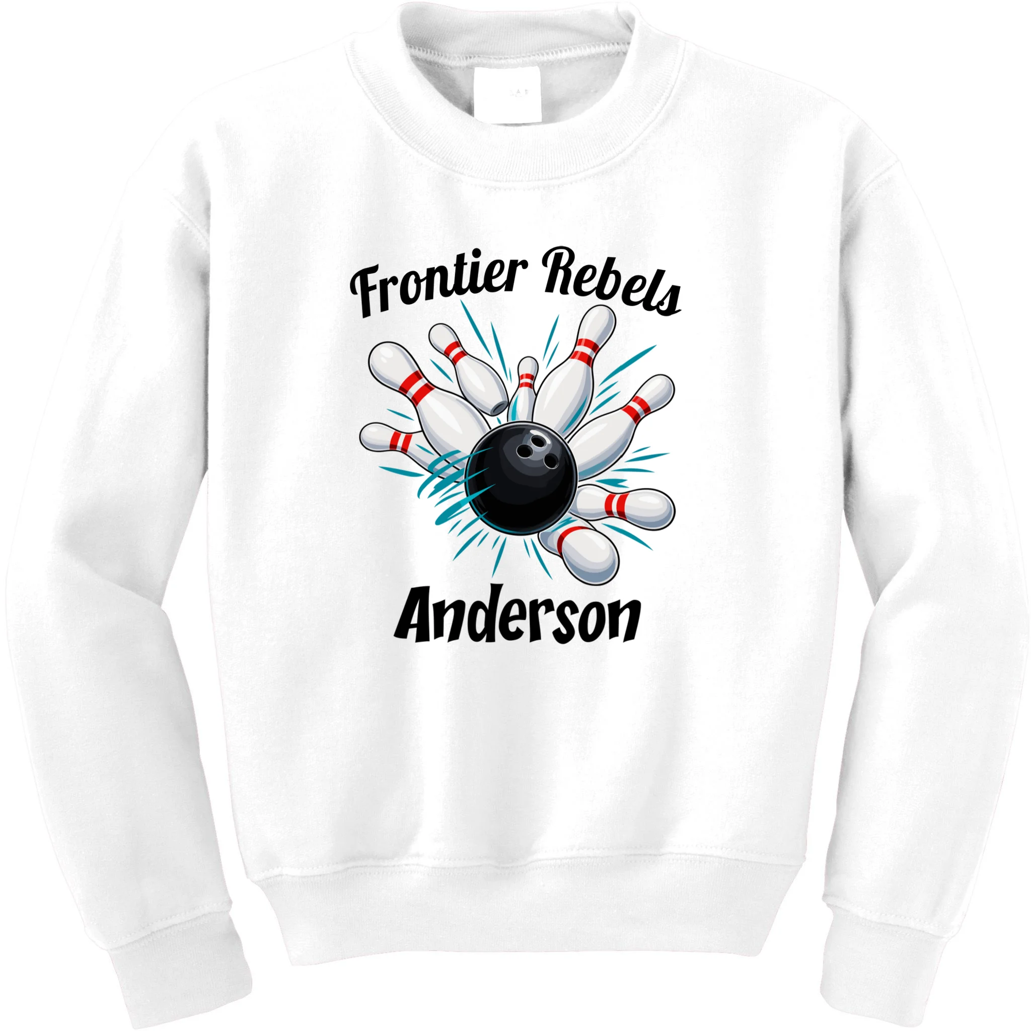 Flying Pins Strike Action - Custom Bowling Team & Player Name Kids Sweatshirt - Front
