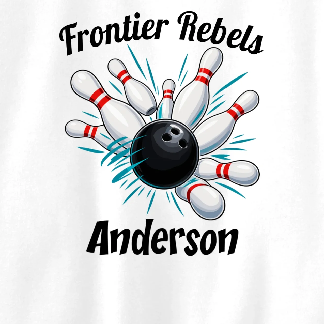 Flying Pins Strike Action - Custom Bowling Team & Player Name Kids Sweatshirt - Front - Close-up
