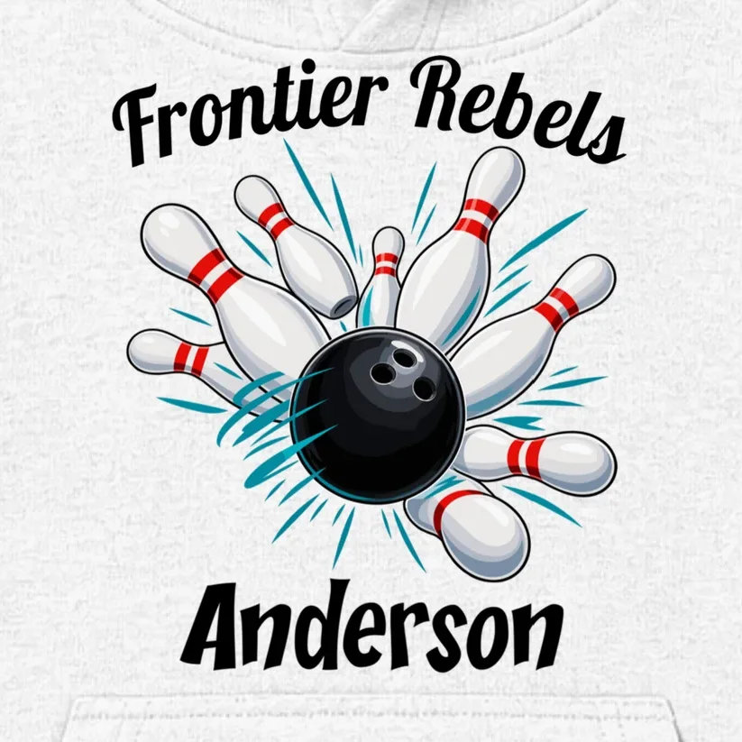 Flying Pins Strike Action - Custom Bowling Team & Player Name Kids Hoodie - Front - Close-up