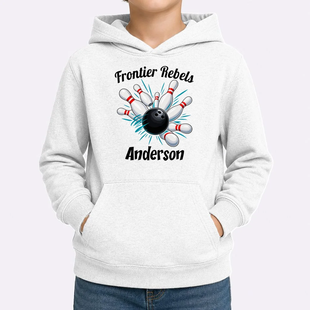 Flying Pins Strike Action - Custom Bowling Team & Player Name Kids Hoodie - Front 1