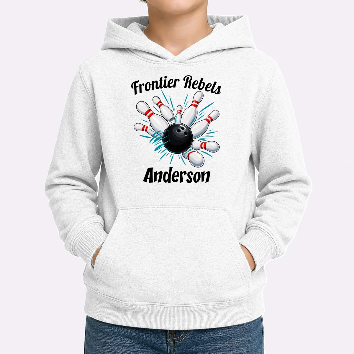 Flying Pins Strike Action - Custom Bowling Team & Player Name Kids Hoodie - Front 1