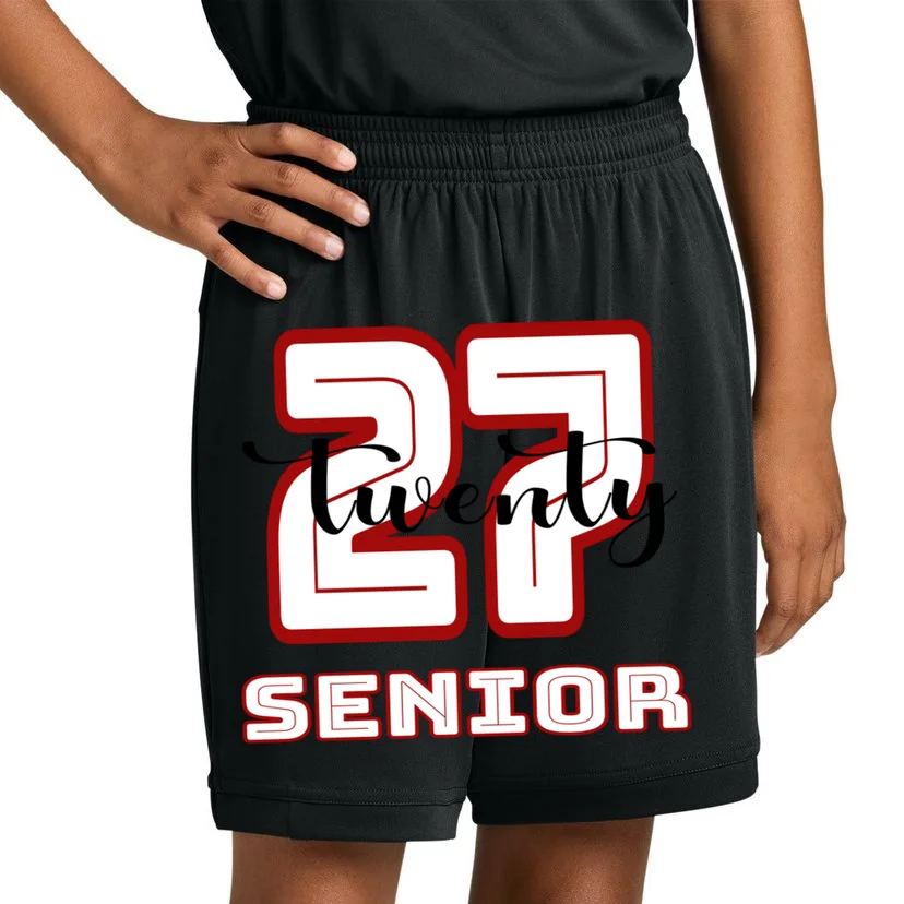 Custom Senior Name & Year – Retro Varsity Number & Script Typography Design Kids Shorts - Front 1