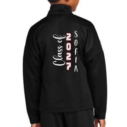 Custom Senior Name & Year – Retro Varsity Number & Script Typography Design Kids Jacket - Back - Close-up