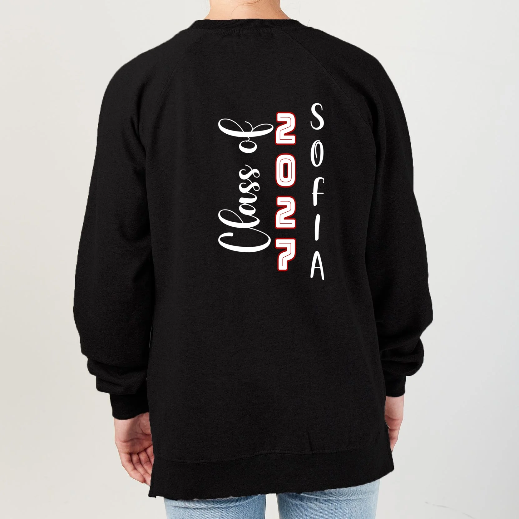 Custom Senior Name & Year – Retro Varsity Number & Script Typography Design Women's Sweatshirt - Back - Close-up