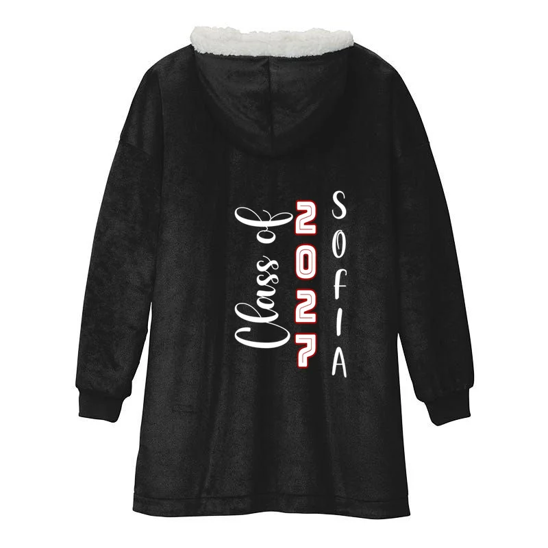 Custom Senior Name & Year – Retro Varsity Number & Script Typography Design Hooded Blanket - Back - Close-up
