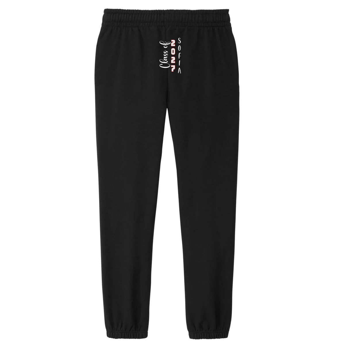 Custom Senior Name & Year – Retro Varsity Number & Script Typography Design Women's Fleece Sweatpants - Back - Close-up