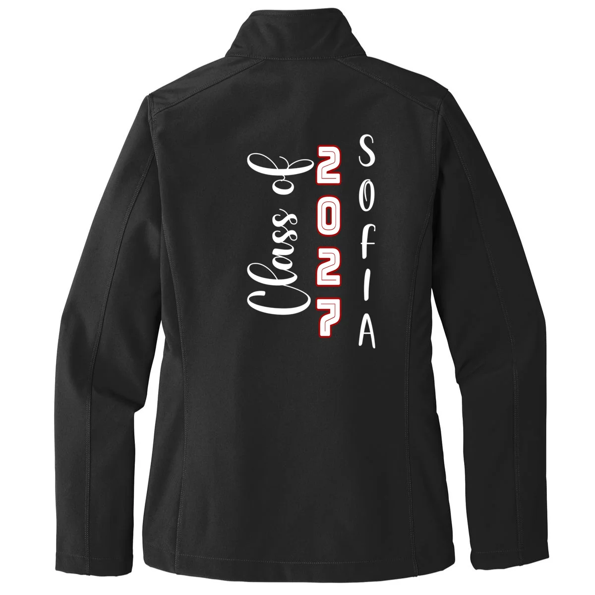 Custom Senior Name & Year – Retro Varsity Number & Script Typography Design Women's Soft Jacket - Back - Close-up