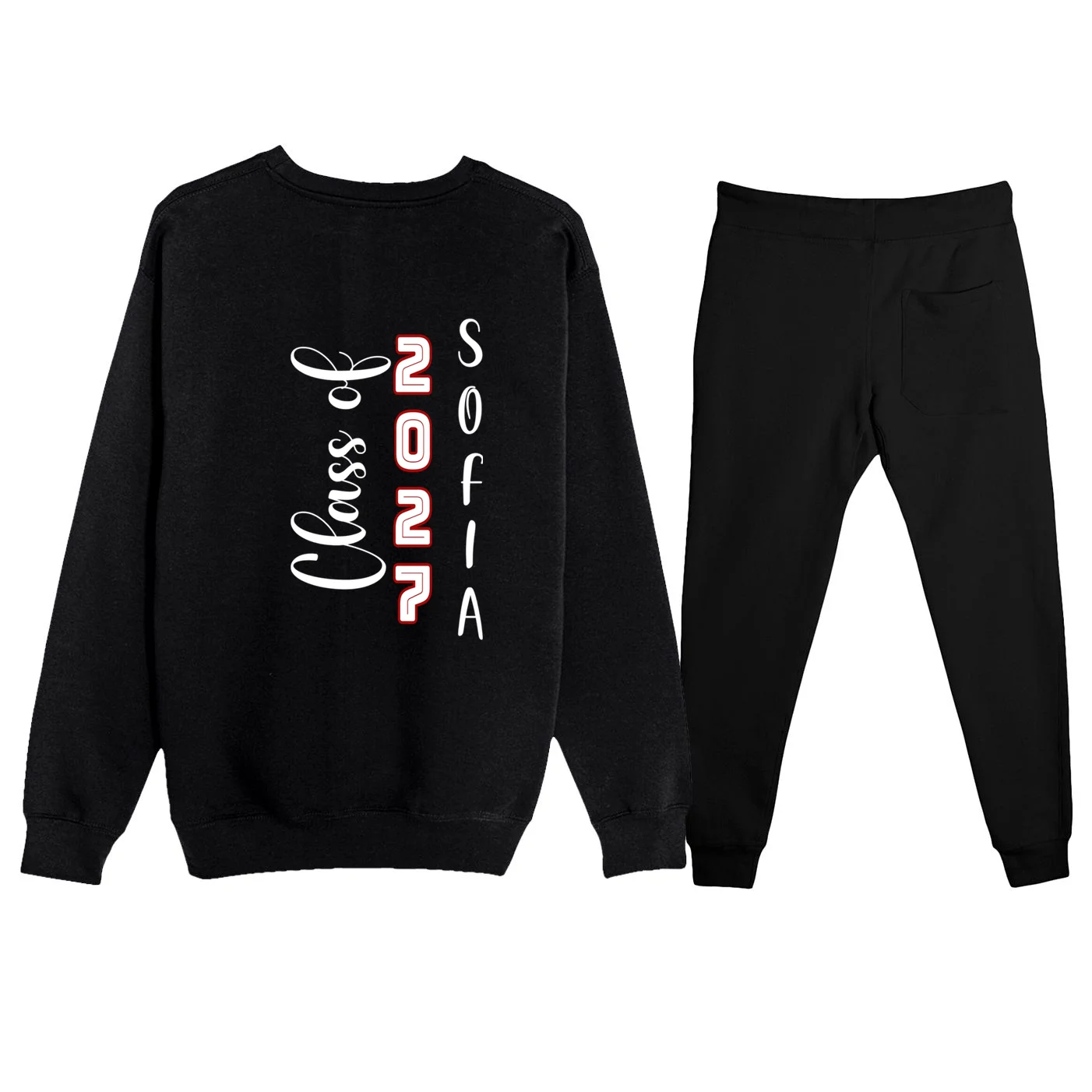 Custom Senior Name & Year – Retro Varsity Number & Script Typography Design Men's Sweatsuit - Back - Close-up
