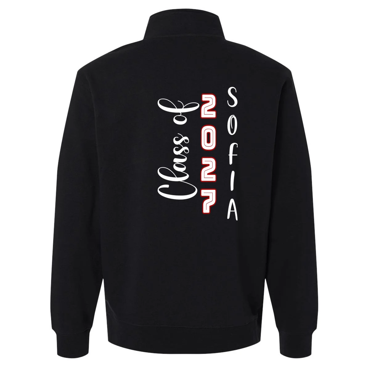 Custom Senior Name & Year – Retro Varsity Number & Script Typography Design Men's Pullover Quarter Zip - Back - Close-up