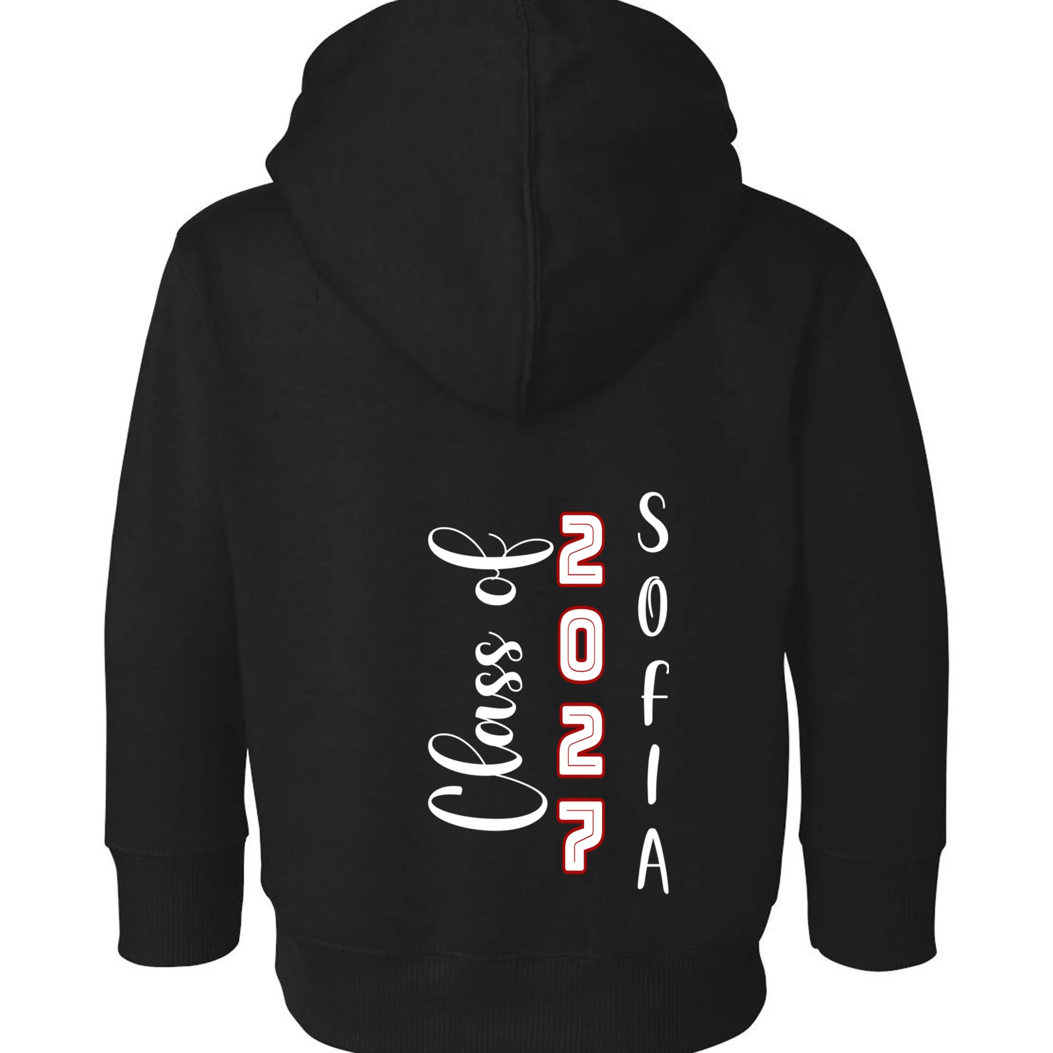 Custom Senior Name & Year – Retro Varsity Number & Script Typography Design Toddler Hoodie - Back - Close-up