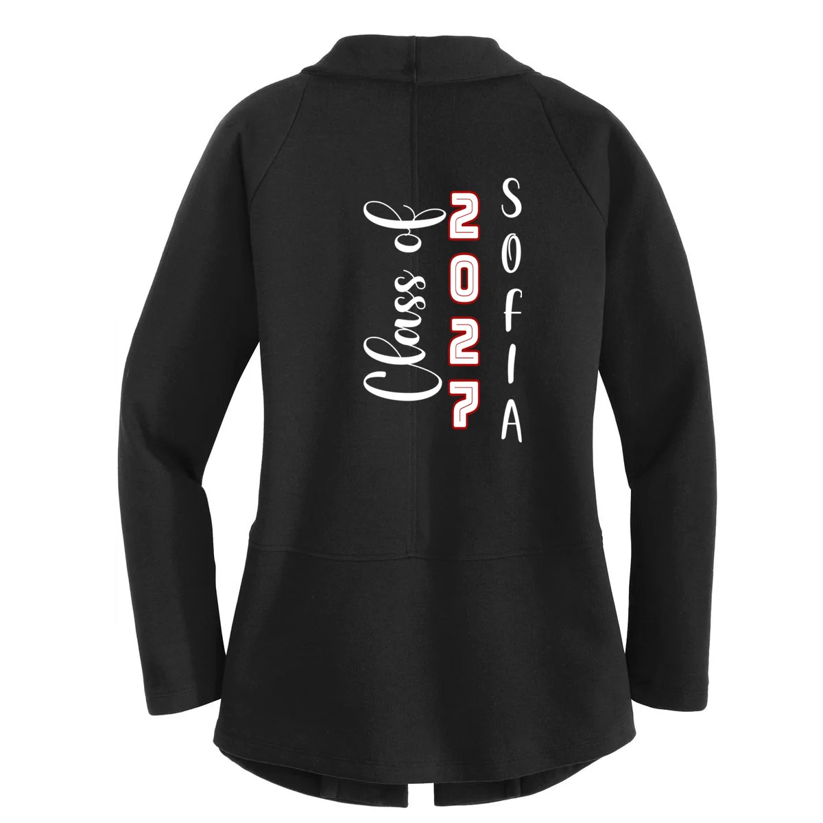 Custom Senior Name & Year – Retro Varsity Number & Script Typography Design Women's Cardigan - Back - Close-up