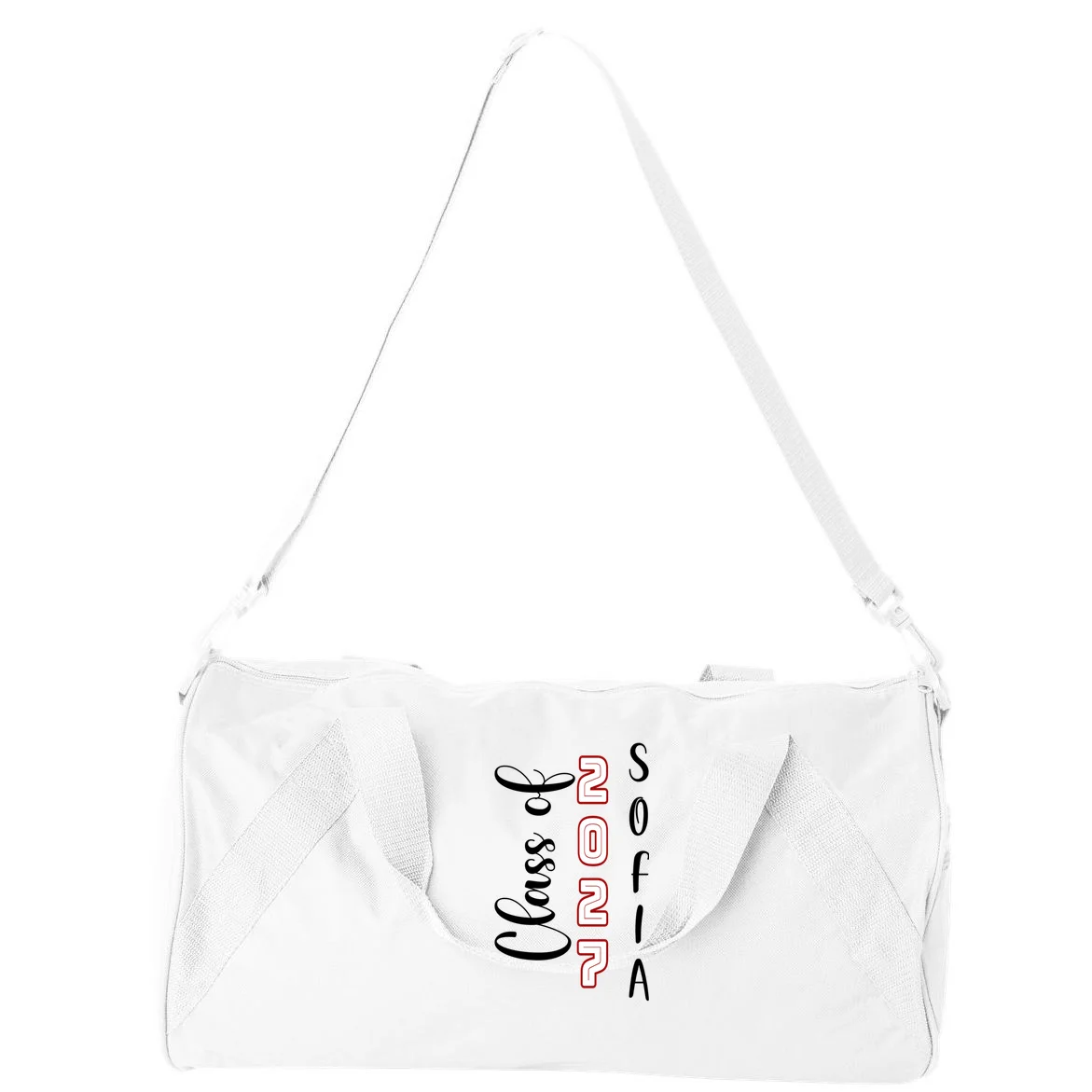 Custom Senior Name & Year – Retro Varsity Number & Script Typography Design Duffel Bag - Back - Close-up