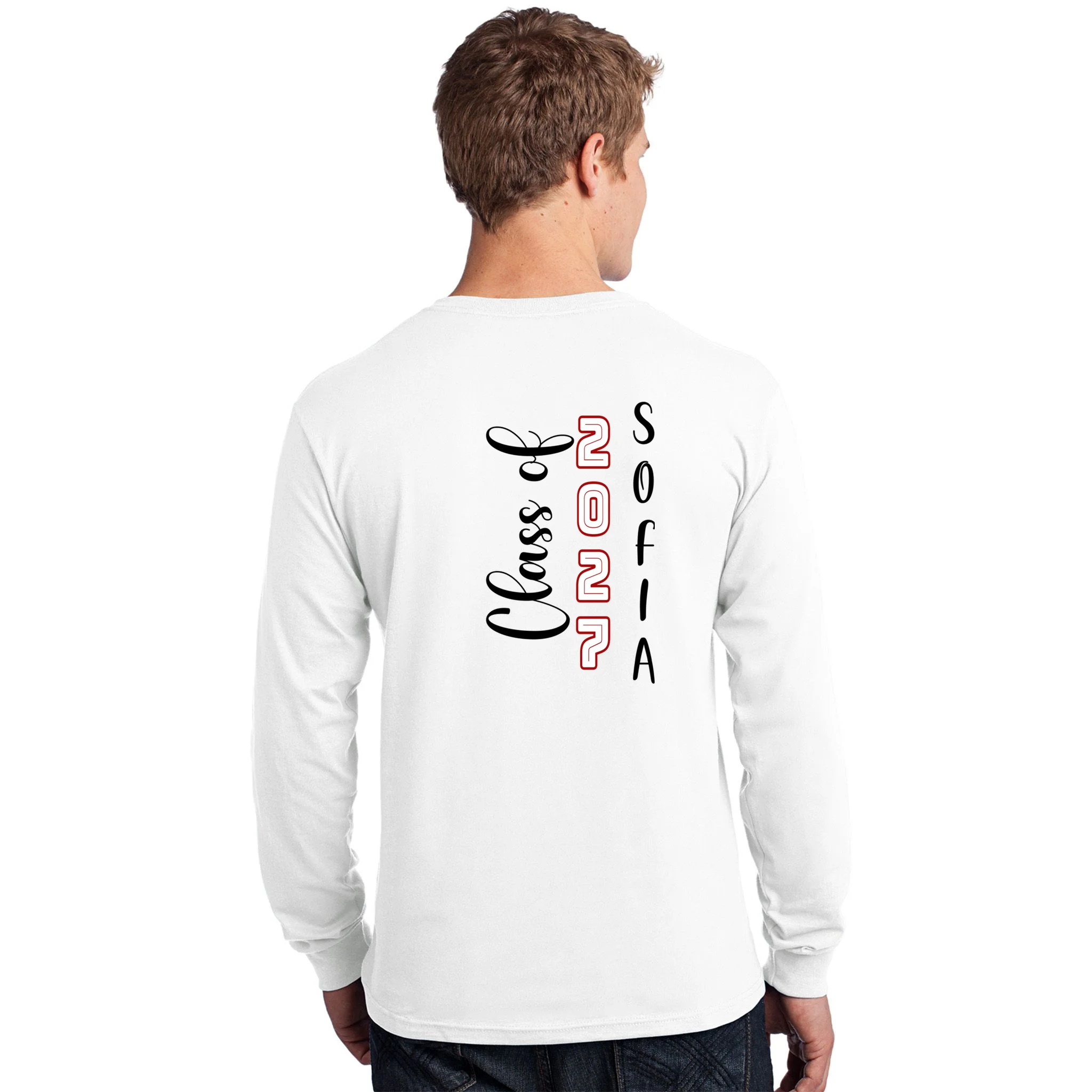 Custom Senior Name & Year – Retro Varsity Number & Script Typography Design Men's Long Sleeve Shirt - Back - Close-up