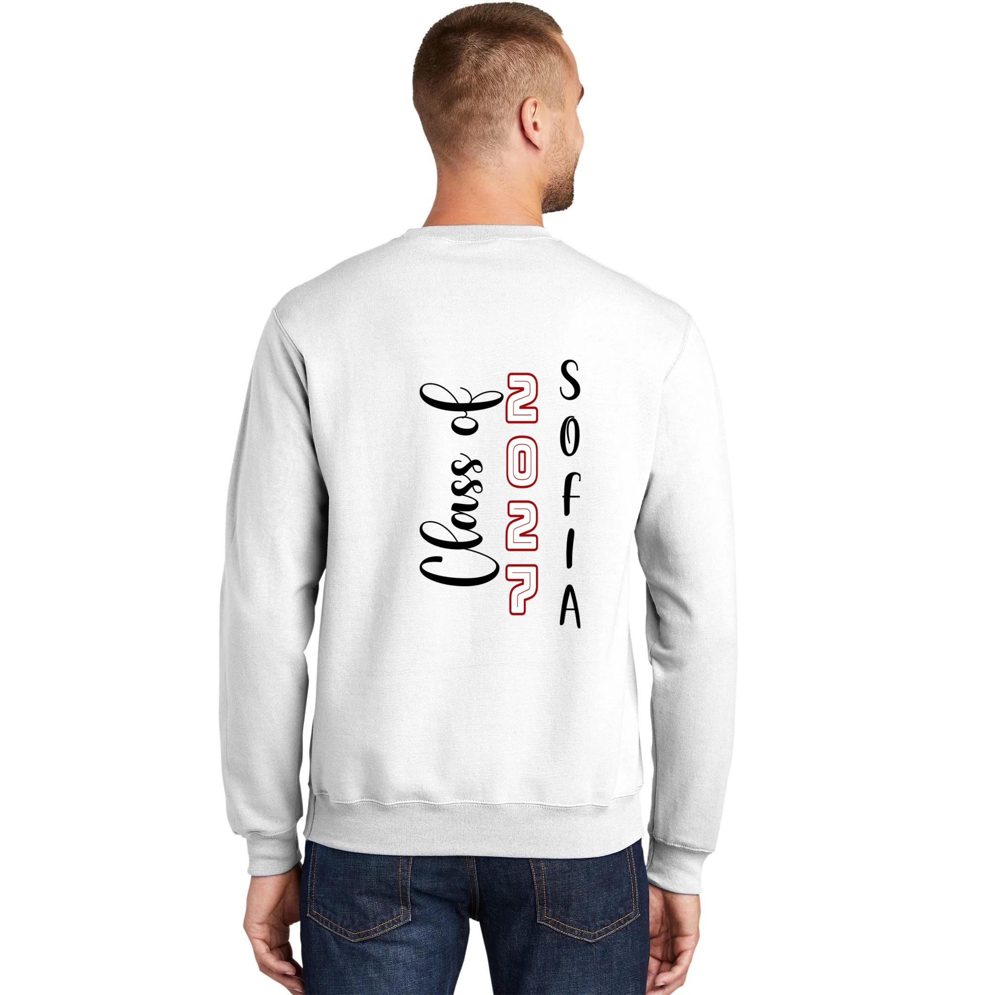 Custom Senior Name & Year – Retro Varsity Number & Script Typography Design Men's Sweatshirt - Back