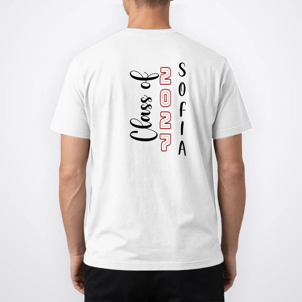 Custom Senior Name & Year – Retro Varsity Number & Script Typography Design Men's T-Shirt - Back 1