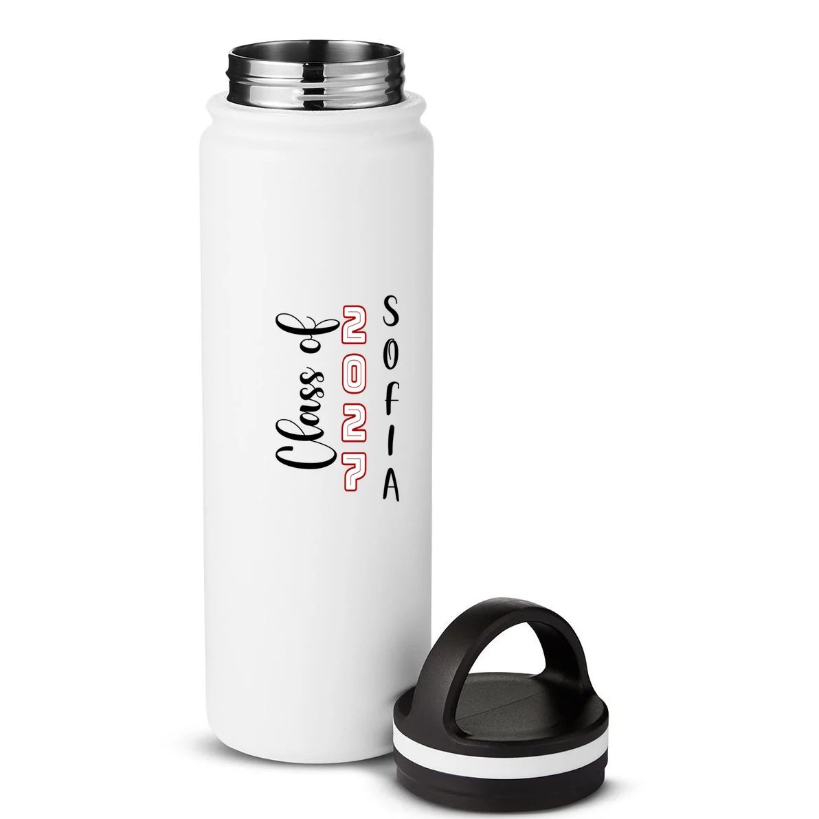 Custom Senior Name & Year – Retro Varsity Number & Script Typography Design 24oz Water Bottle - Back - Close-up