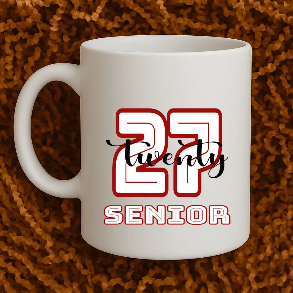 Custom Senior Name & Year – Retro Varsity Number & Script Typography Design Mug - Front 1