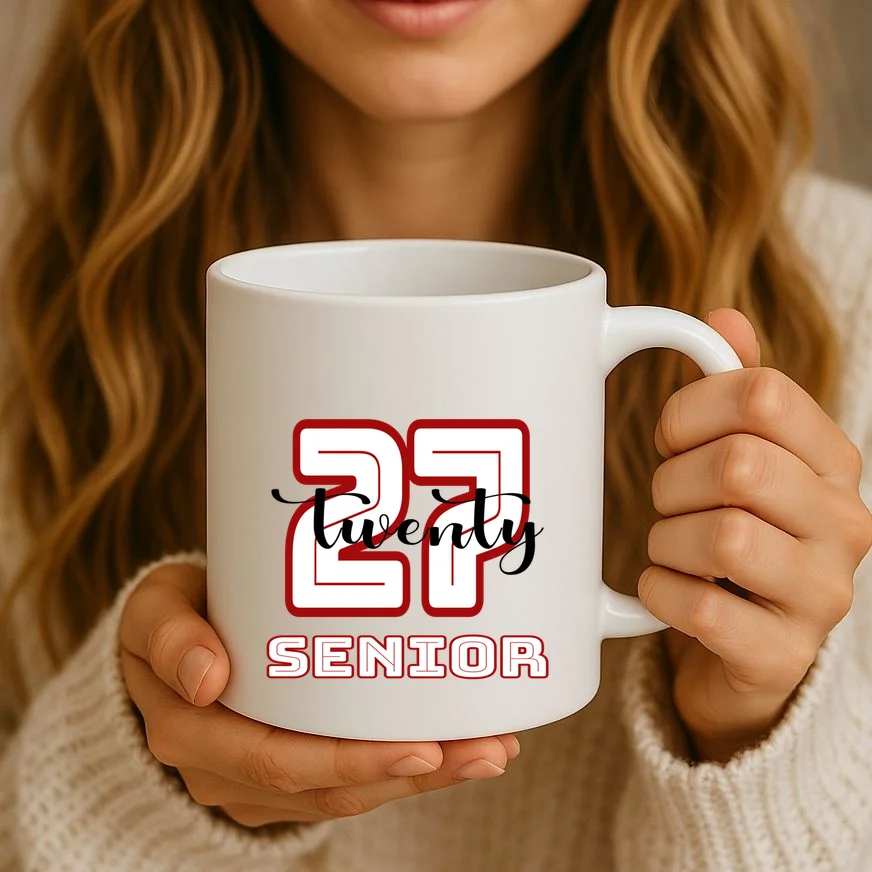 Custom Senior Name & Year – Retro Varsity Number & Script Typography Design Mug - Front 2
