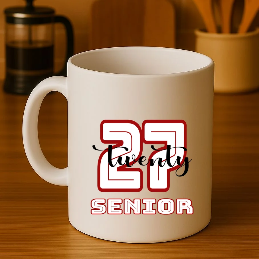 Custom Senior Name & Year – Retro Varsity Number & Script Typography Design Mug - Front 3