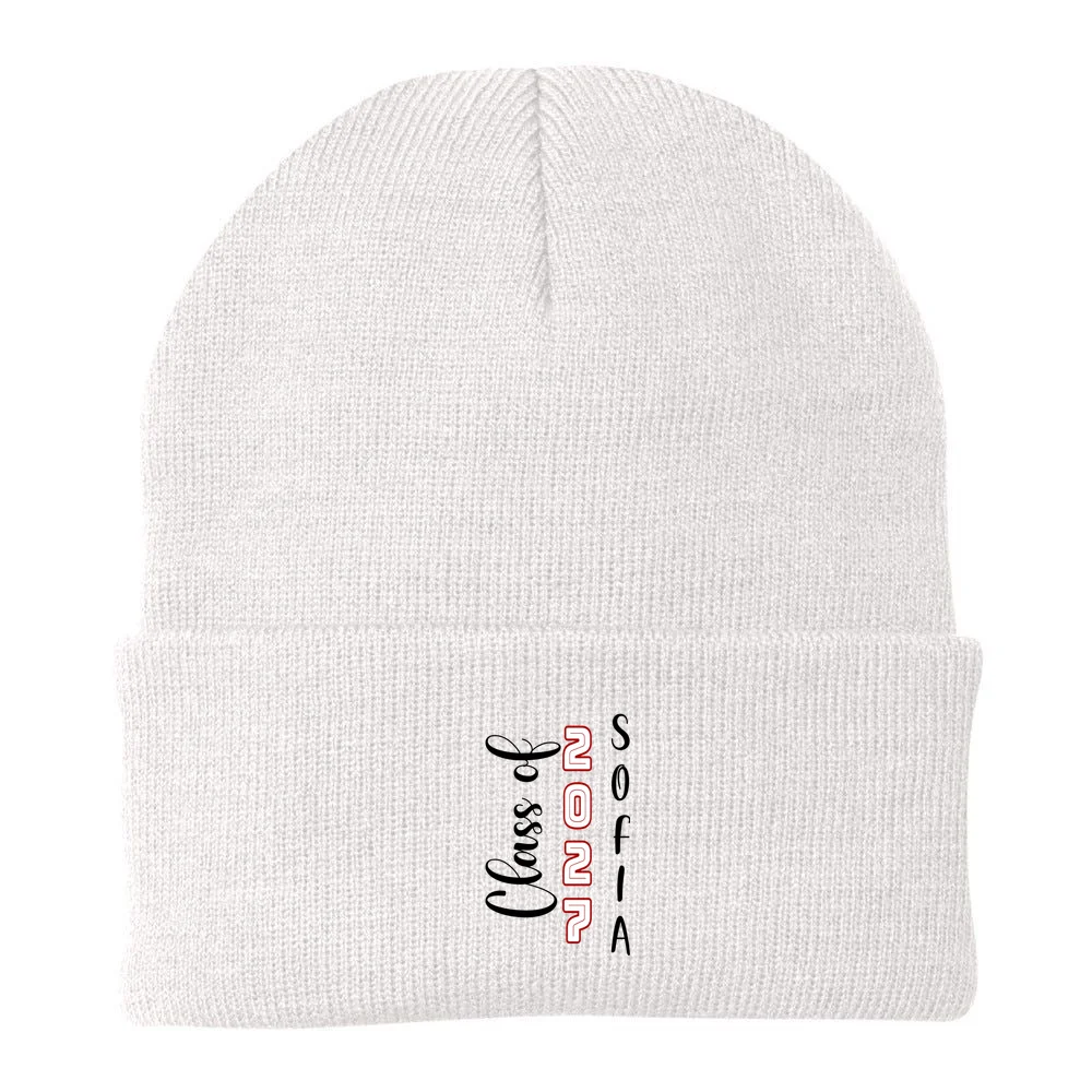 Custom Senior Name & Year – Retro Varsity Number & Script Typography Design Beanie - Back - Close-up
