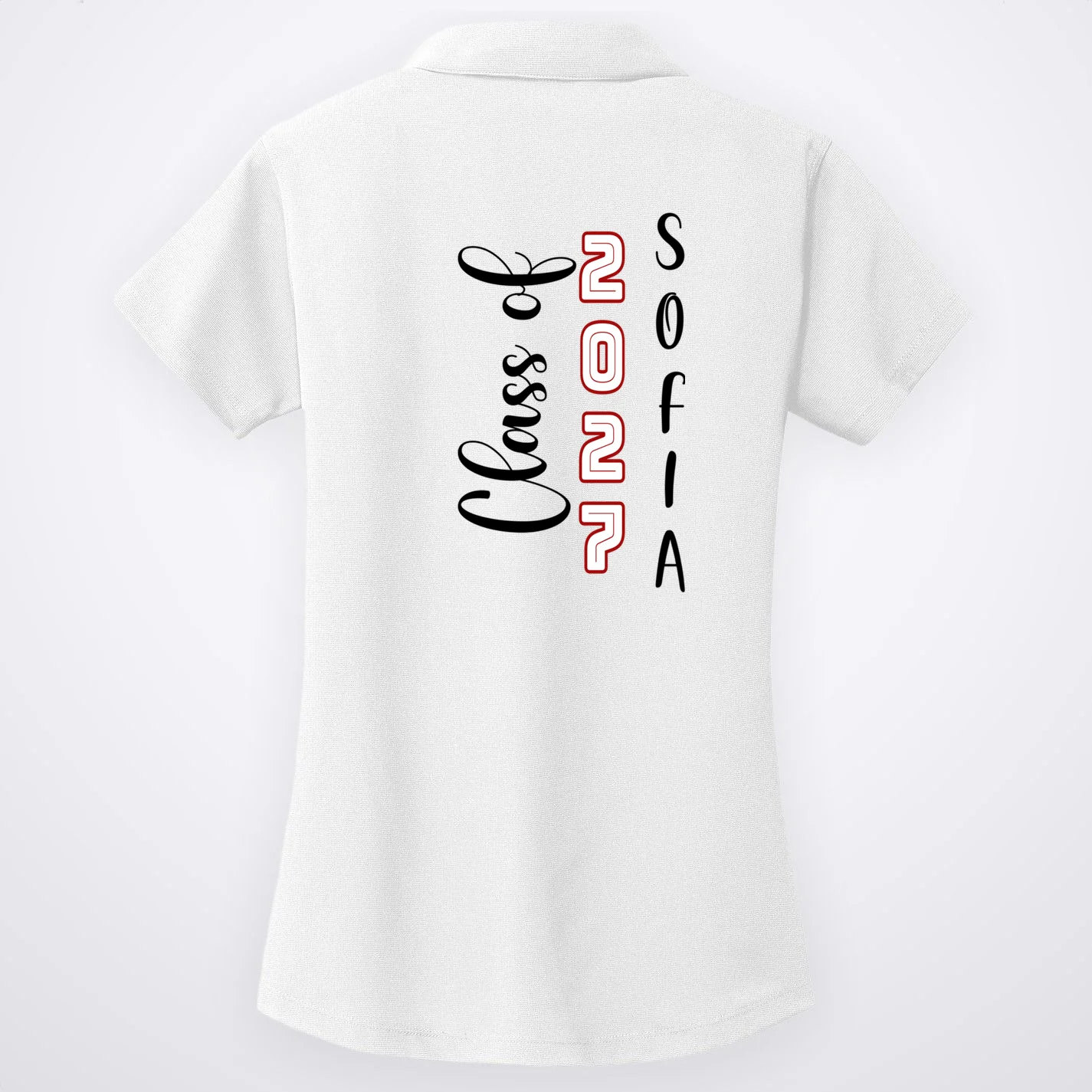 Custom Senior Name & Year – Retro Varsity Number & Script Typography Design Women's Polo - Back - Close-up
