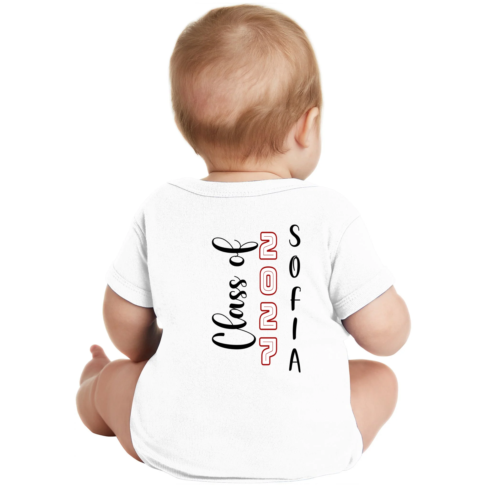 Custom Senior Name & Year – Retro Varsity Number & Script Typography Design Baby Bodysuit - Back - Close-up