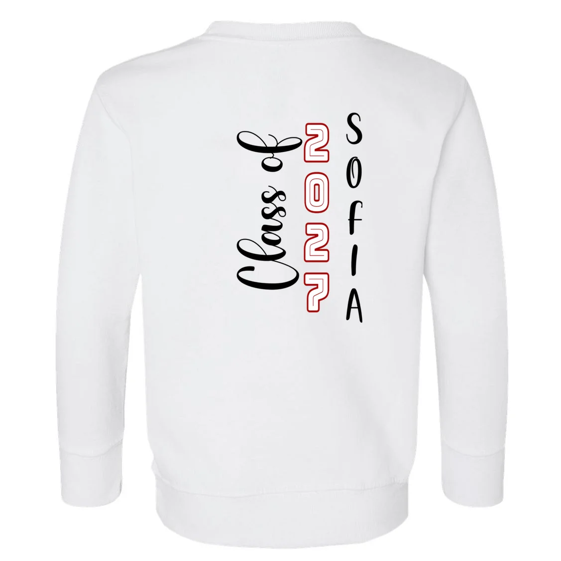 Custom Senior Name & Year – Retro Varsity Number & Script Typography Design Toddler Sweatshirt - Back - Close-up
