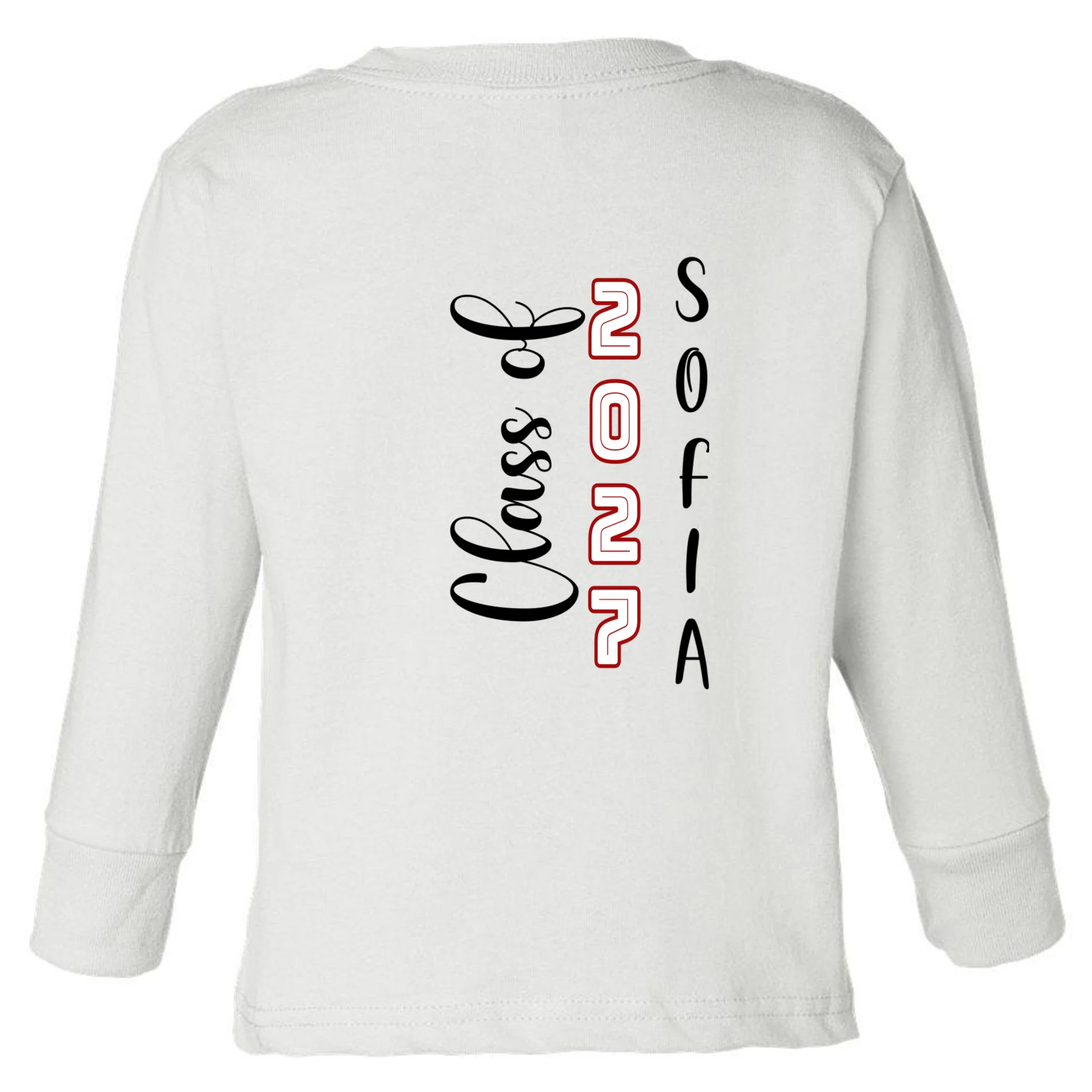 Custom Senior Name & Year – Retro Varsity Number & Script Typography Design Toddler Long Sleeve Shirt - Back - Close-up