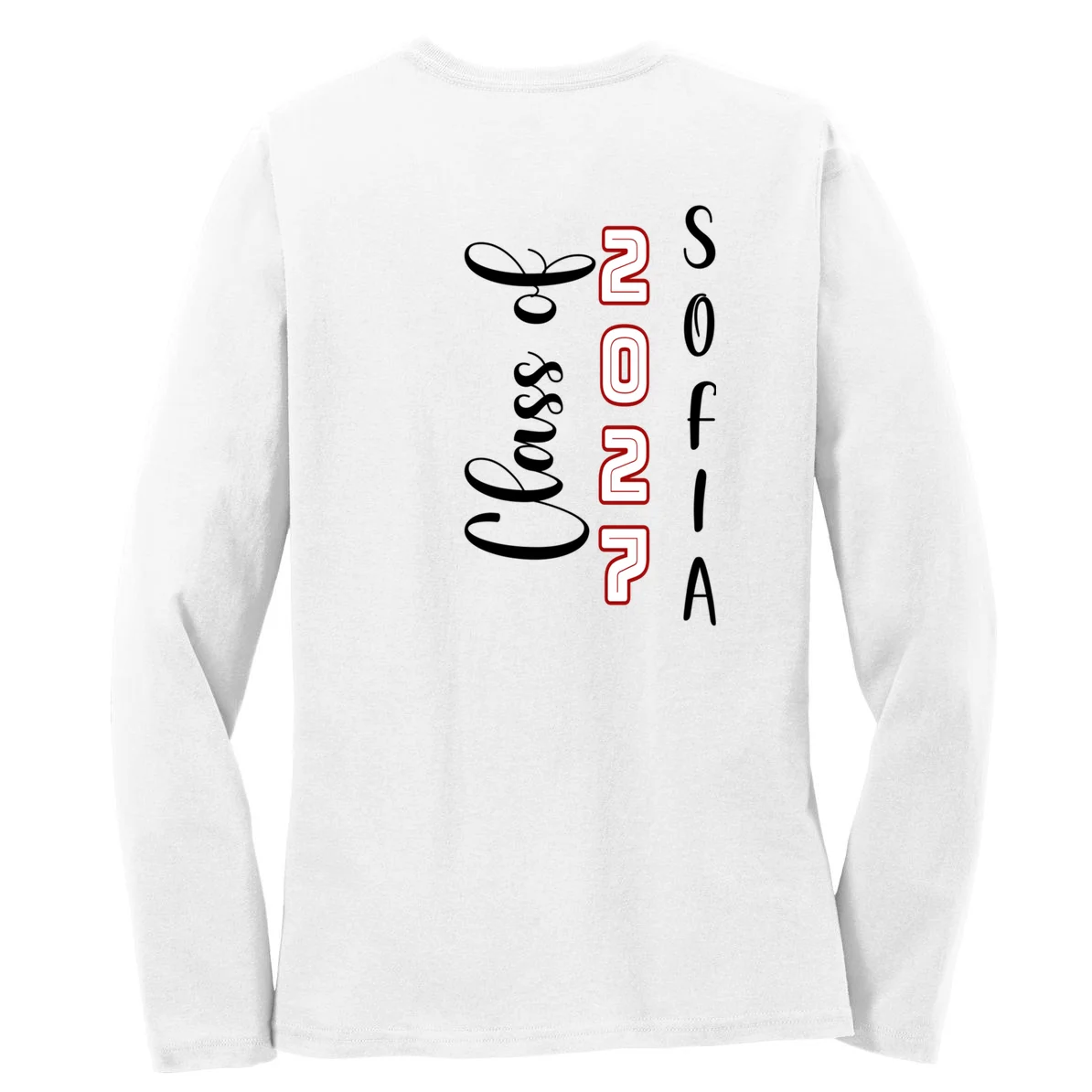 Custom Senior Name & Year – Retro Varsity Number & Script Typography Design Women's Long Sleeve Shirt - Back - Close-up