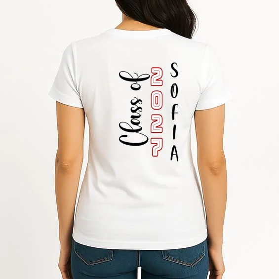 Custom Senior Name & Year – Retro Varsity Number & Script Typography Design Women's T-Shirt - Back